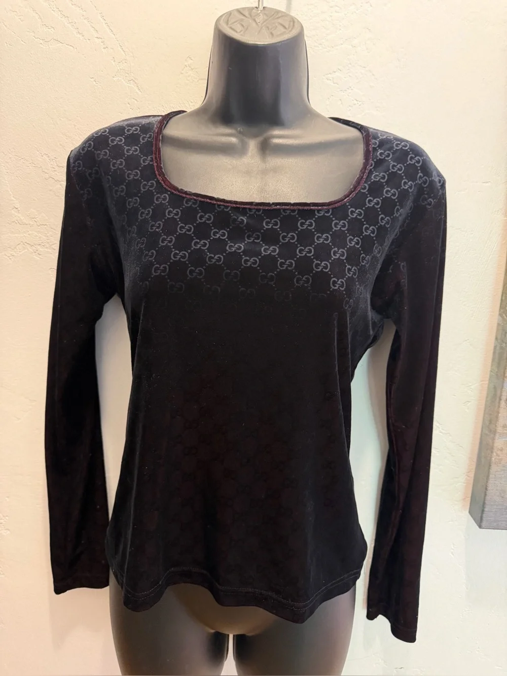 Vintage GUCCI GG Logo Velvet Long Sleeve Top Shirt Blouse Small